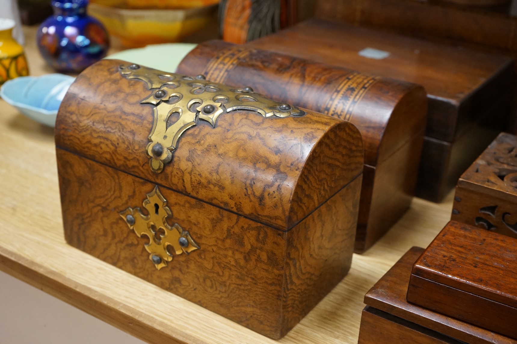 A collection of 19th and 20th century writing, stationery, tea caddies and painting boxes, largest 34.5cm wide (10)